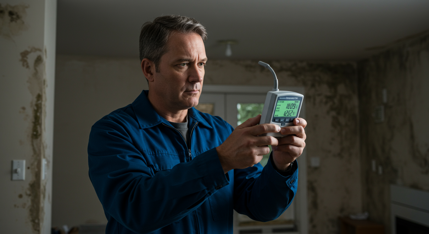 An inspector using an air quality monitor in a home, showcasing the importance of air quality in relation to mold presence.