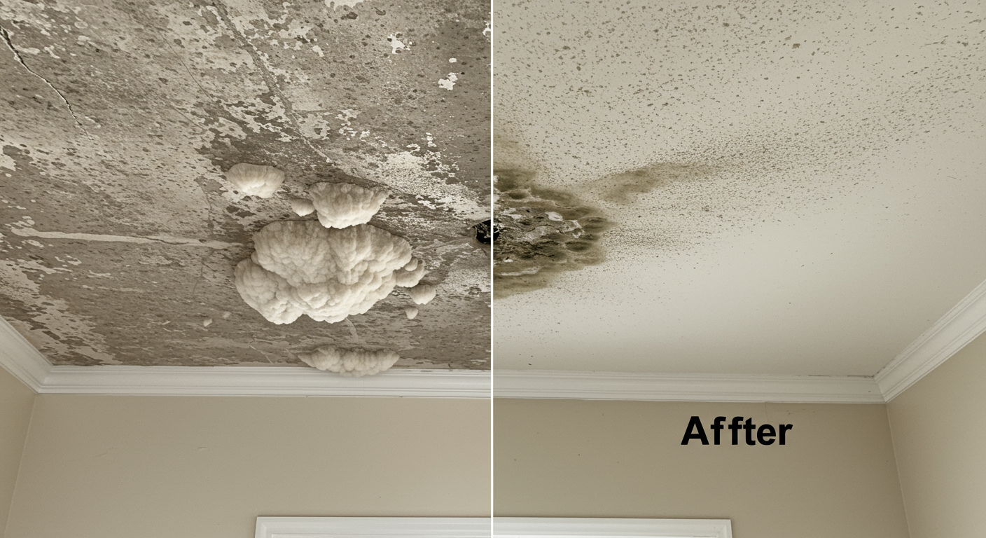 A before-and-after comparison of a ceiling affected by white mold, showcasing the remediation process. The 'before' side shows the mold growth, while the 'after' side is clean and mold-free.