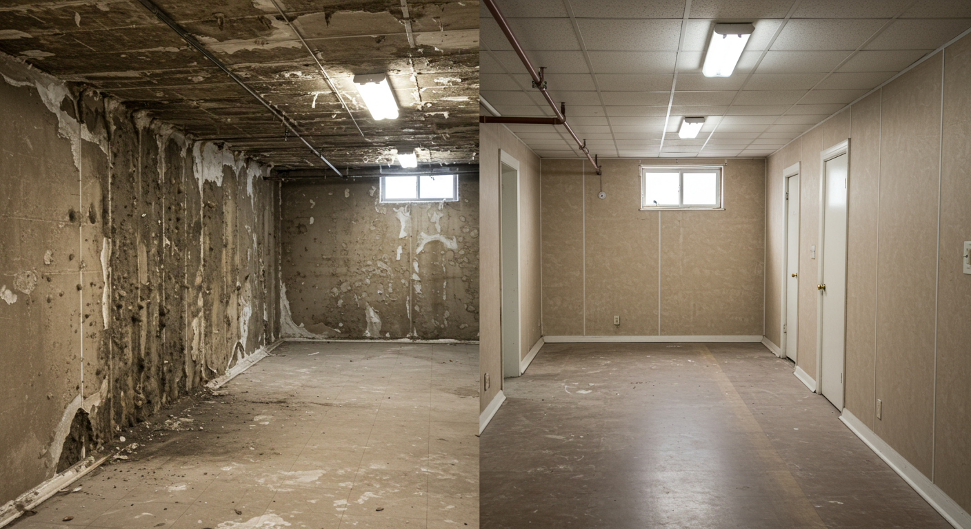 A split image showing a moldy basement on one side and the same space after remediation on the other. The transformation highlights the difference in cleanliness and condition.
