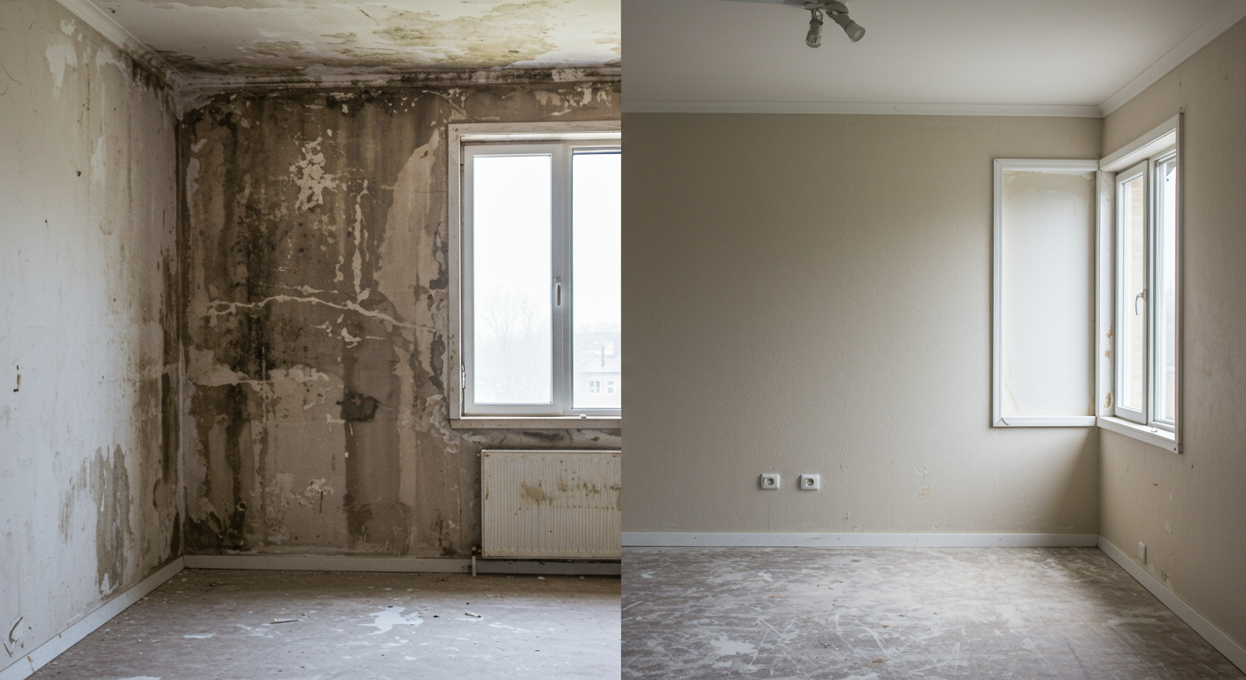 A split image showing a room before mold remediation (with visible mold on walls) and after (clean and restored). This visual contrast highlights the effectiveness of the remediation process.