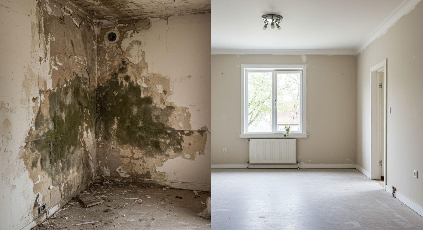 A split image showing a room before and after mold removal. The left side depicts a mold-infested area, while the right side shows a clean, restored space with fresh paint and no signs of mold.