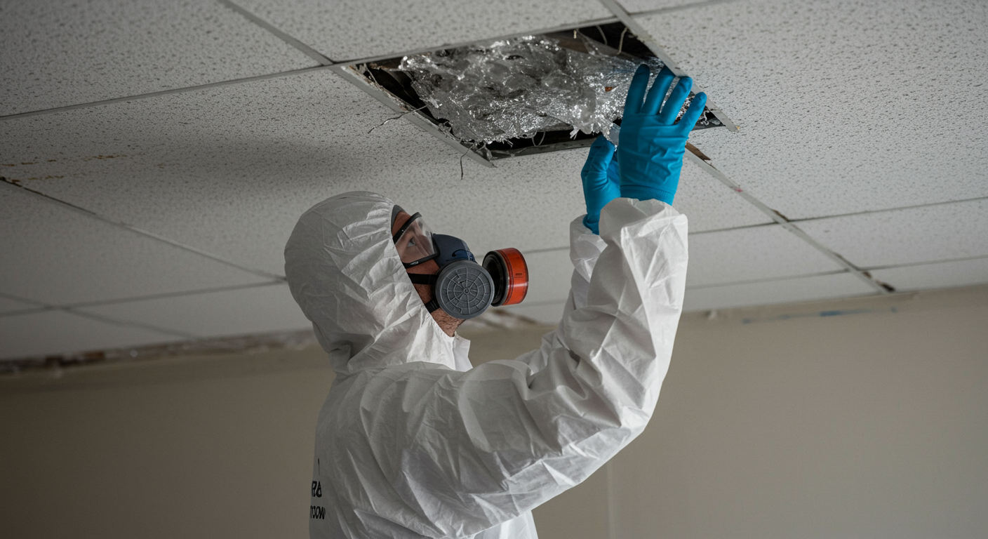 A certified asbestos inspector in protective gear examining a ceiling for asbestos materials.