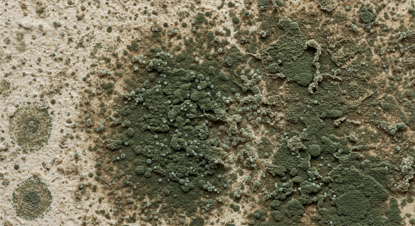 A close-up of mold spores on a damp wall, highlighting the texture and color variations of mold. This image emphasizes the hidden dangers of mold in homes.