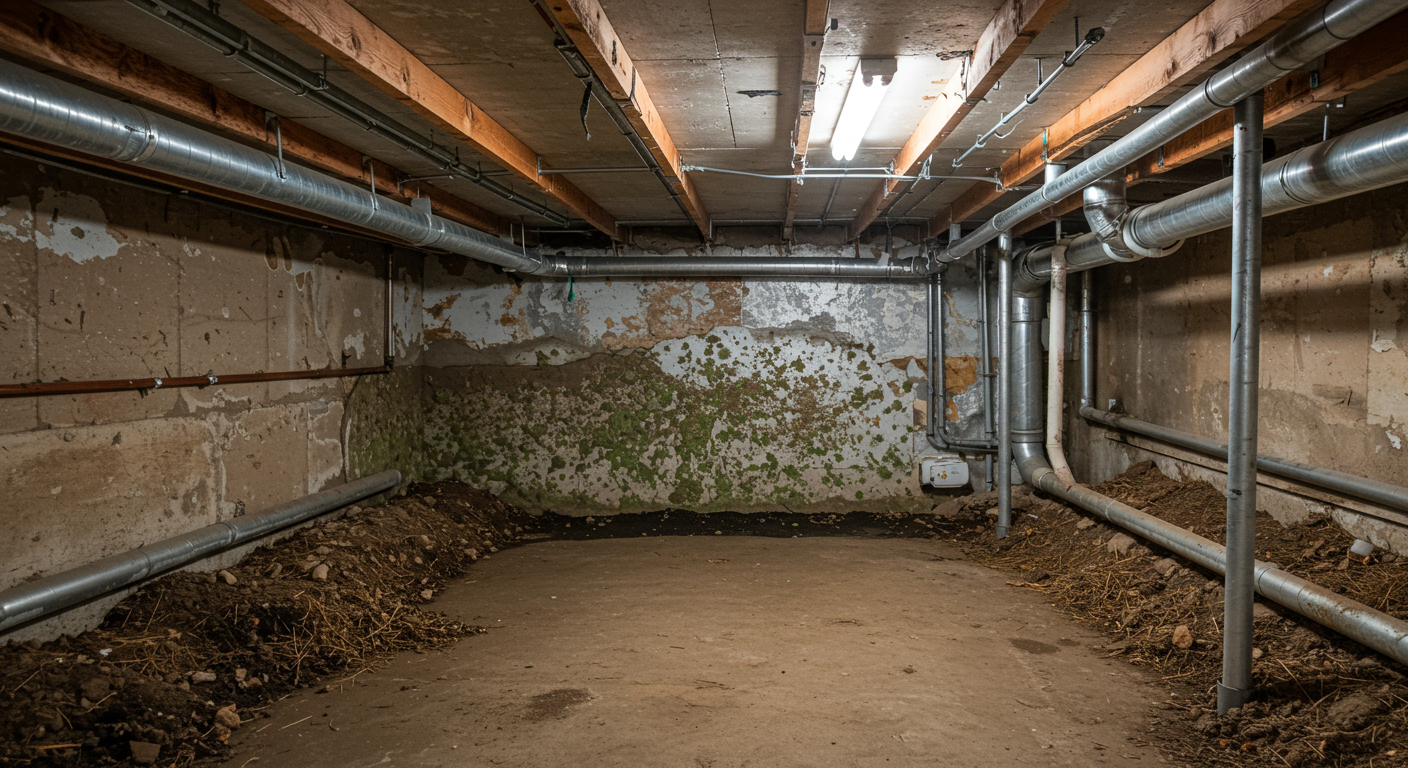A detailed view of a crawl space showing common issues before encapsulation, such as standing water, mold growth, and pest infestations.