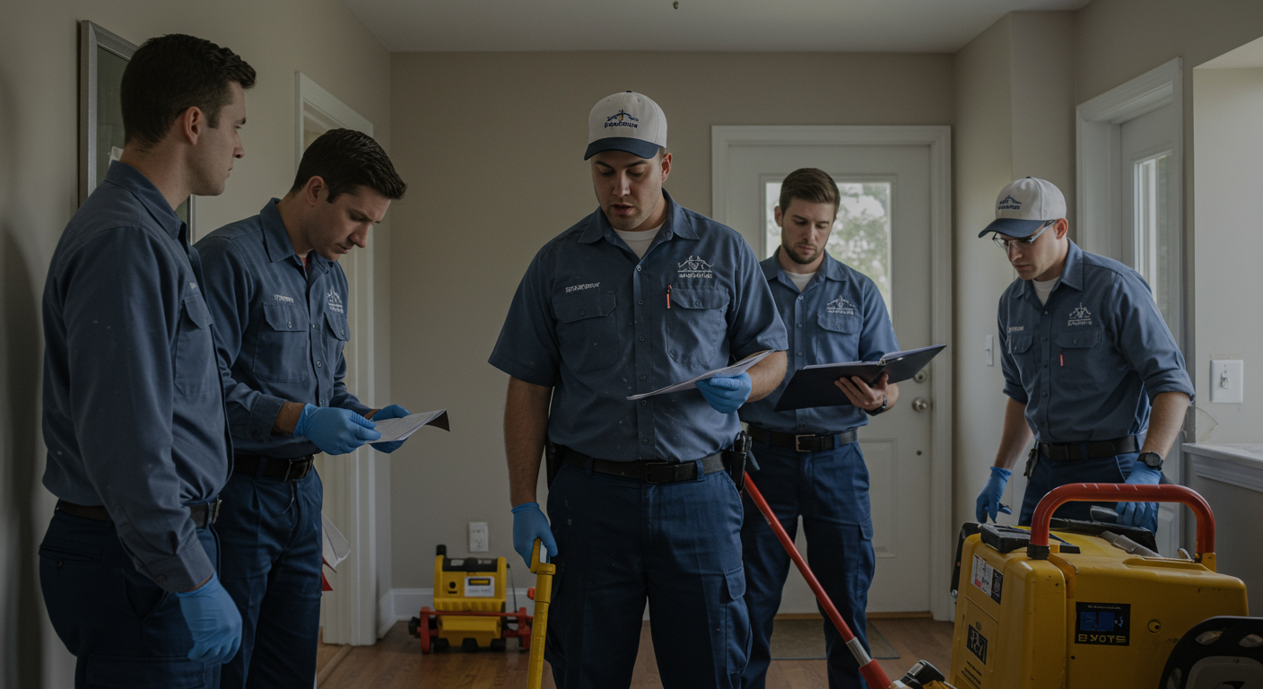 A team of professionals in uniforms actively assessing a home affected by water damage. They are equipped with tools and equipment, showcasing a sense of urgency and expertise.
