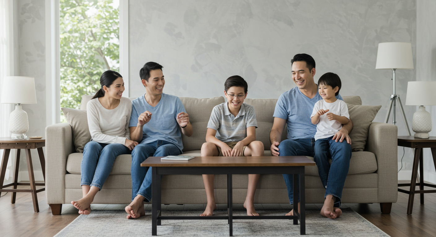 A happy family enjoying their restored living room after water remediation services. The image captures the emotional relief and satisfaction of returning to a safe and clean home.