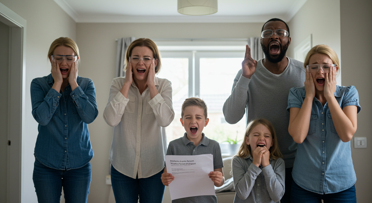 A family in a home, looking relieved and happy after receiving an asbestos testing report. The focus is on their expressions of relief and safety.