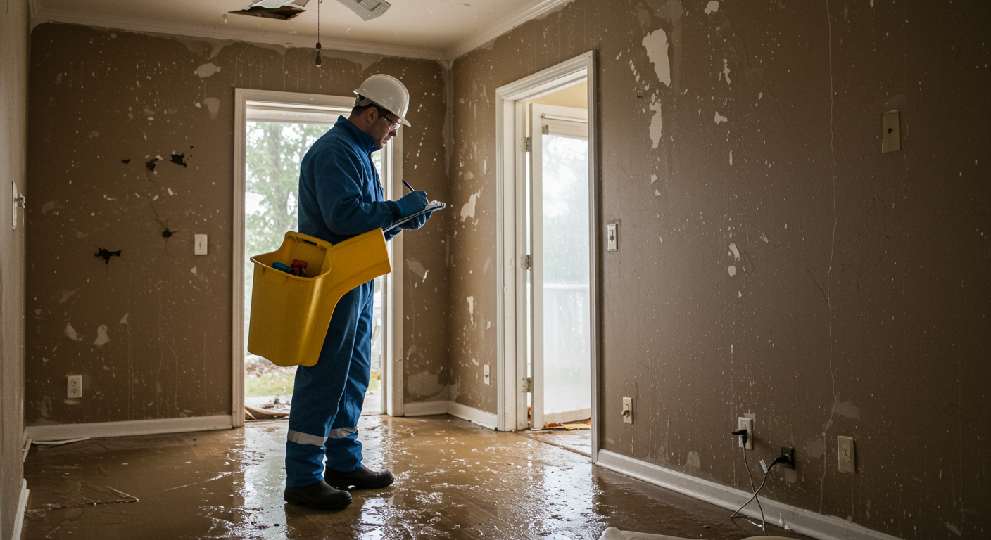 A professional flood remediation technician inspecting a flooded home, with visible water damage on walls and furniture. The technician is taking notes and assessing the situation.