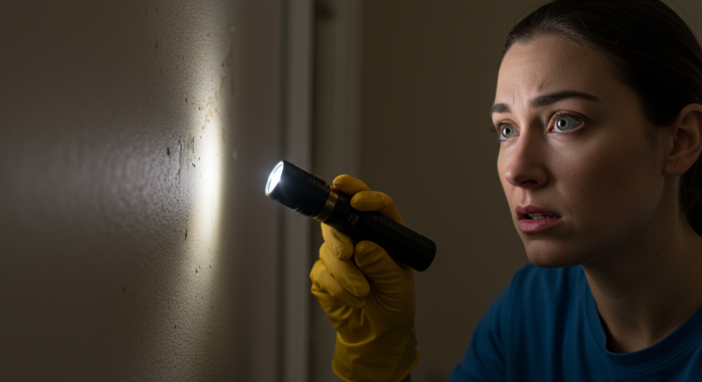 A close-up of a homeowner inspecting a wall for mold, with a flashlight illuminating dark spots. The homeowner looks concerned but determined.