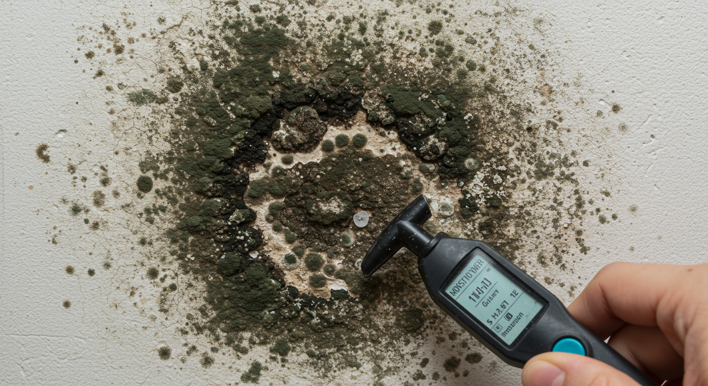 A close-up of a moldy wall in a home, showcasing dark green and black patches of mold. The image captures a hand holding a mold inspection tool, emphasizing the importance of identifying mold early.