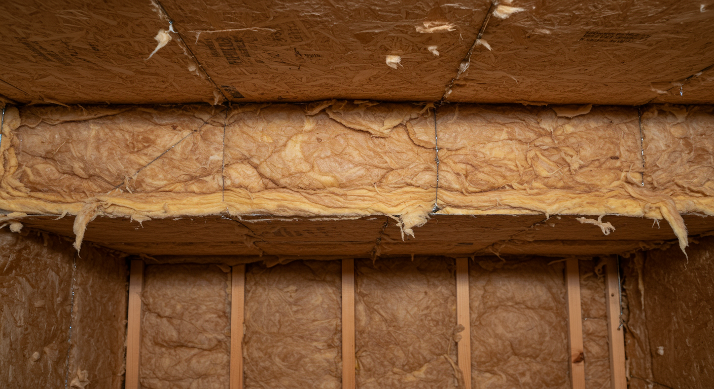 A close-up view of a well-insulated crawl space showcasing thick insulation material applied to the walls and ceiling.