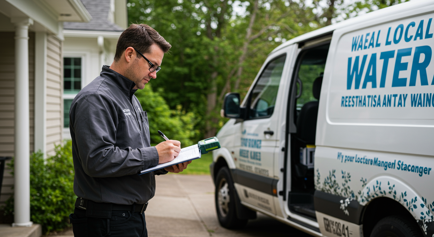 A local water mitigation technician inspecting a home for water damage. The technician is using a moisture meter and taking notes, with a van labeled with the company’s logo parked outside.