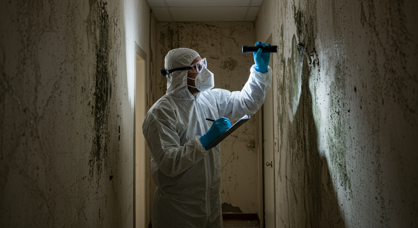 A professional mold inspector in protective gear examining a commercial building's interior, focusing on a wall with visible mold growth. The inspector is using a flashlight and taking notes.