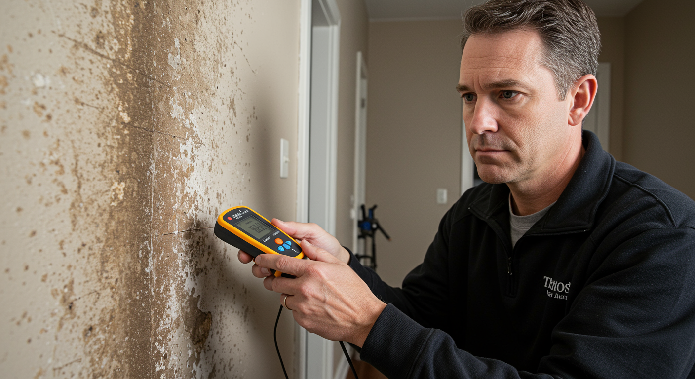 A professional mold inspector examining a damp wall with a moisture meter, showcasing the meticulous process of mold inspection.