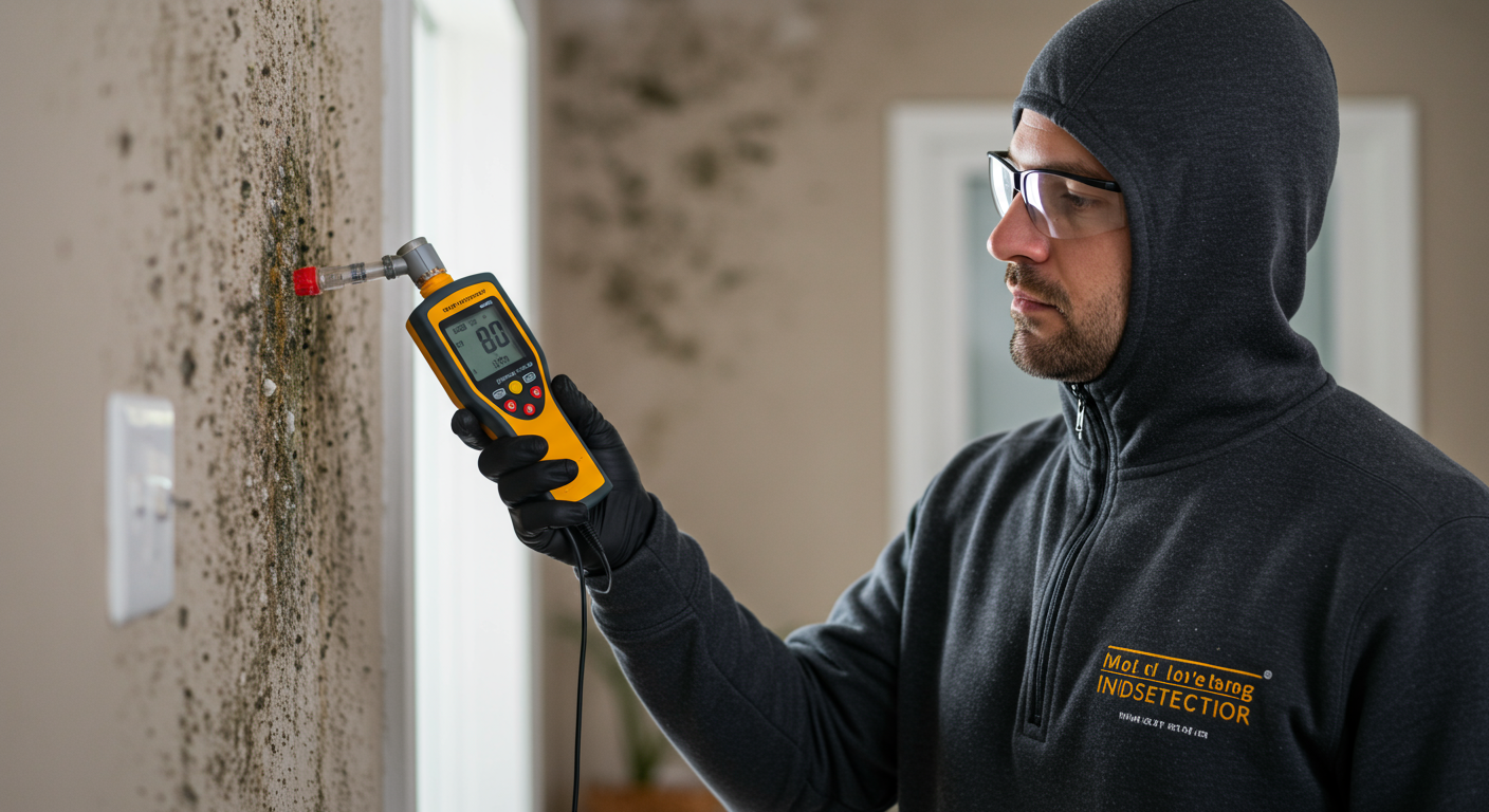 A professional mold inspector examining a wall with a moisture meter, showcasing the detection of mold.