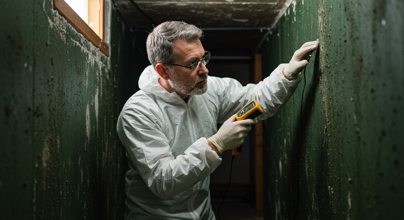 A professional mold inspector examining a damp wall with a moisture meter, showcasing the initial assessment phase of mold remediation.