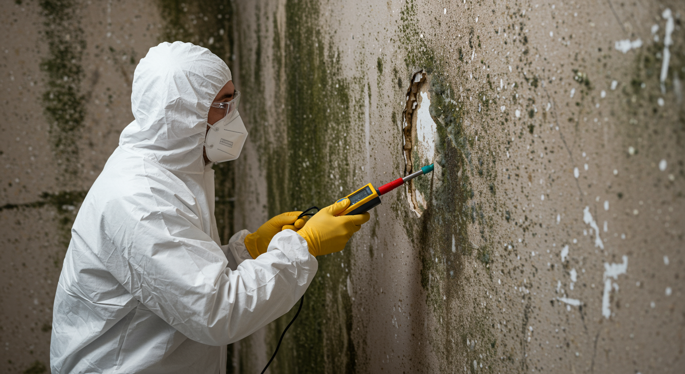 A professional mold inspector in protective gear examining a wall with visible mold growth. The inspector is using a moisture meter to assess the extent of the damage.