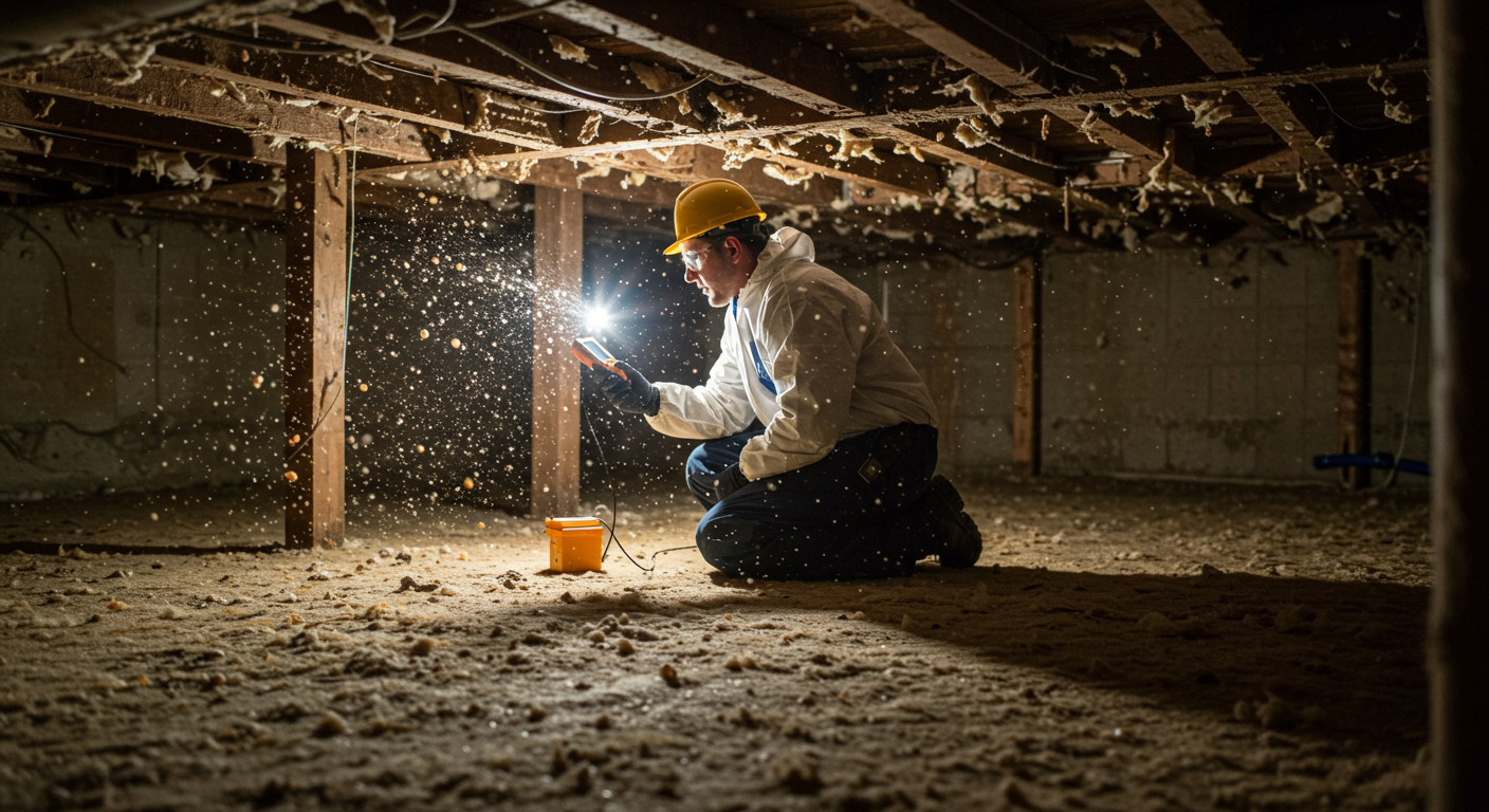 A mold inspector using a moisture meter on the crawl space floor, with mold spores visible in the air. The inspector is wearing protective gear, emphasizing safety during the inspection.