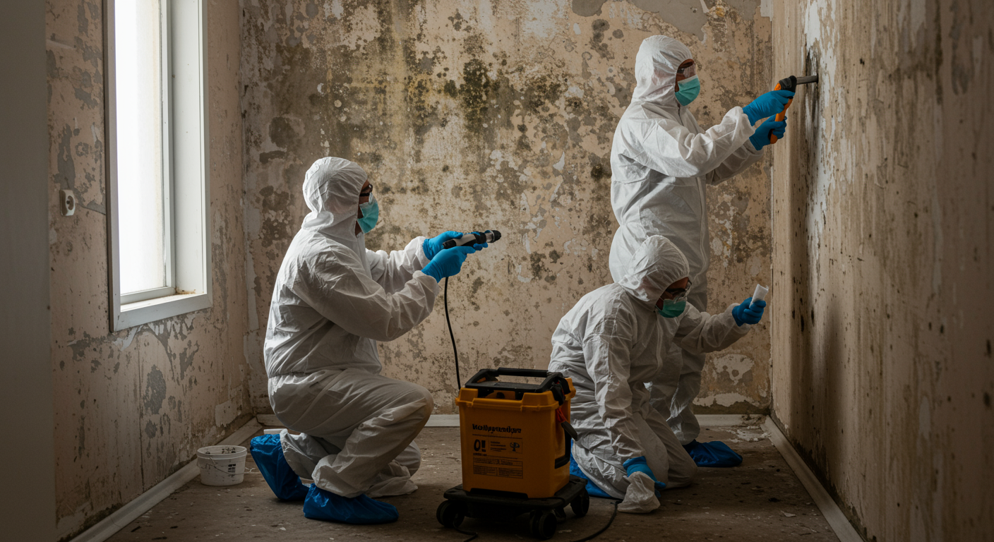 A team of mold remediation specialists in protective suits actively removing mold from a wall. Tools and equipment are visible, showcasing a hands-on approach to mold removal.
