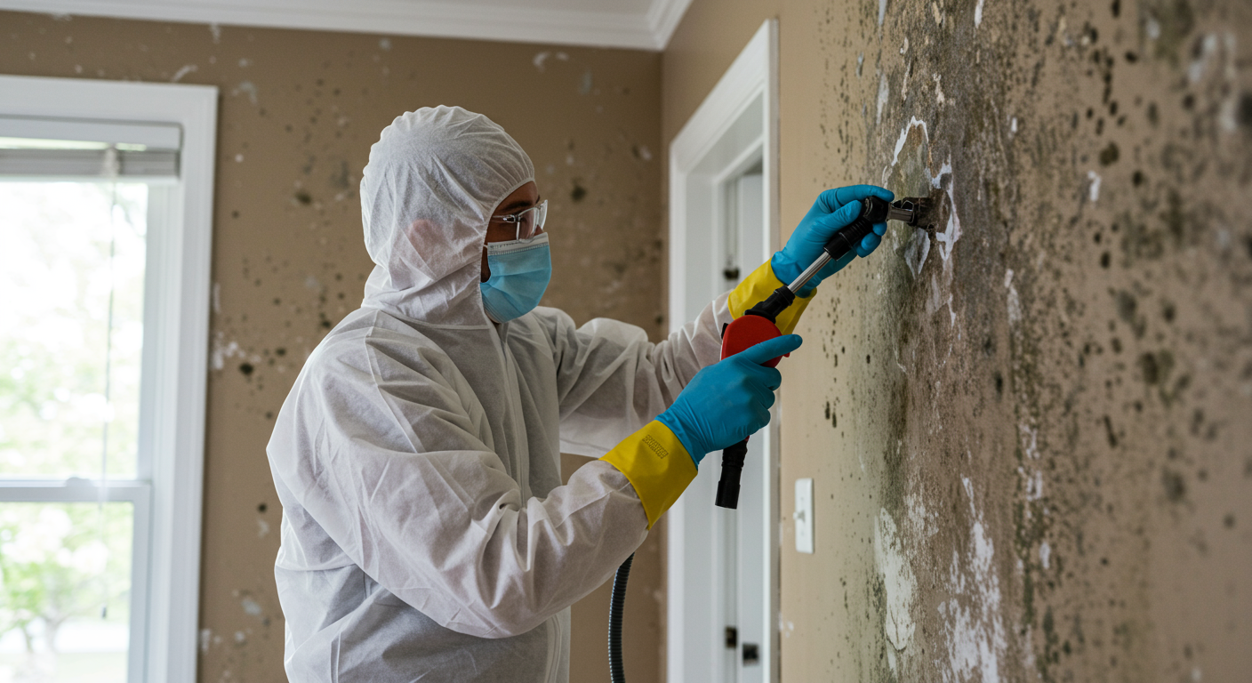 A professional mold remediation team in protective gear, actively removing mold from a residential wall.