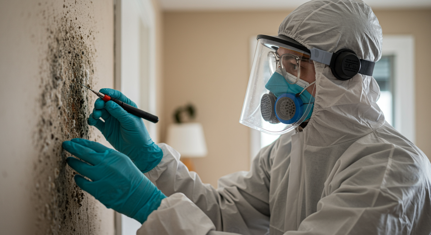 A close-up of a technician wearing protective gear, inspecting a wall for mold growth. The background shows a home environment, emphasizing the urgency and professionalism in handling mold issues.