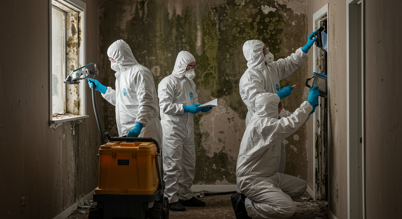 A team of mold remediation specialists in protective suits working together to remove mold from a wall. They are using specialized equipment and containment measures to ensure safety.