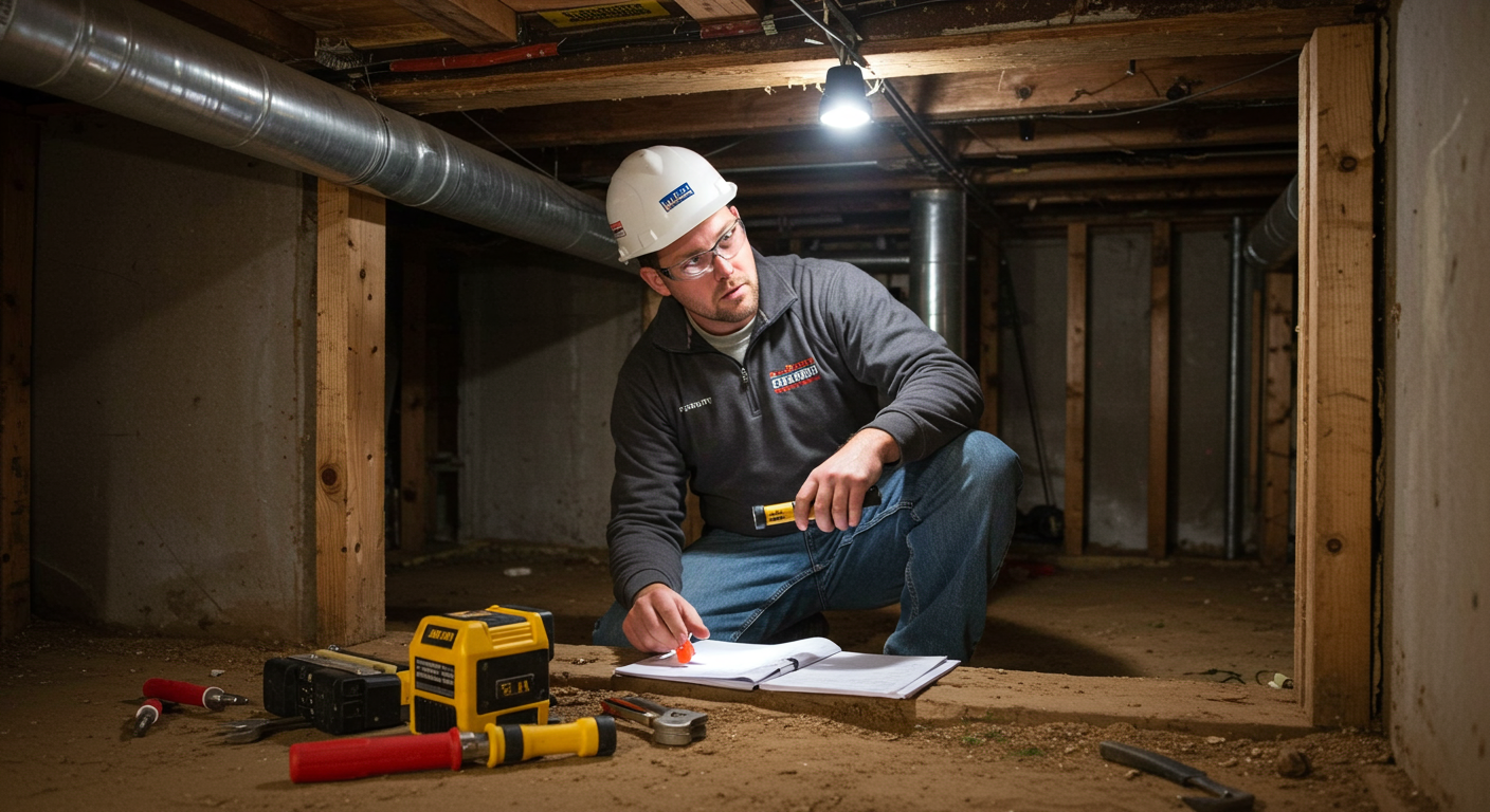 A professional contractor inspecting a crawl space, equipped with tools and a flashlight. The image captures the attention to detail and expertise involved in crawl space repair, with a focus on the professional's careful examination of the area.