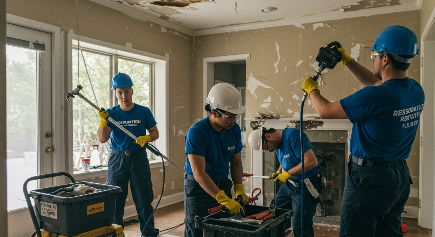 A team of restoration professionals working together to repair water damage in a home. They are using tools and equipment, showcasing teamwork and expertise in handling the situation.