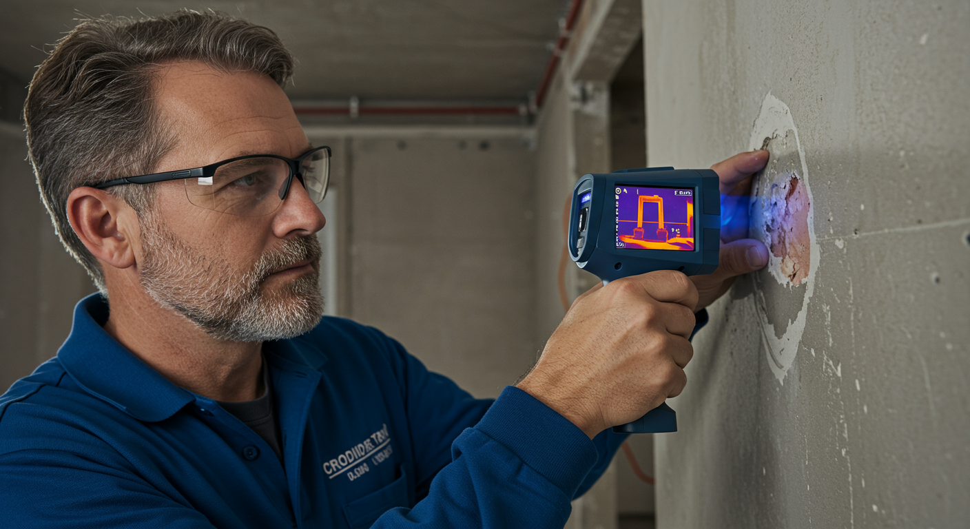 A technician using a thermal imaging camera to detect moisture in a wall, illustrating advanced inspection techniques.