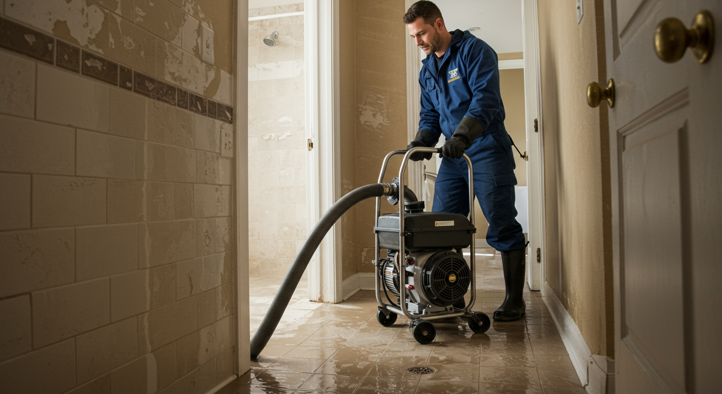 A professional water damage restoration technician in action, using specialized equipment to extract water from a flooded residential area.