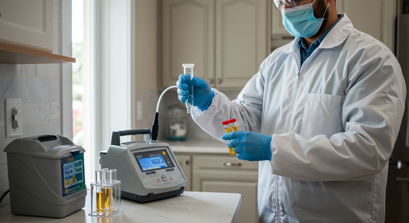 A technician conducting an air quality test in a home, with visible testing equipment and samples.