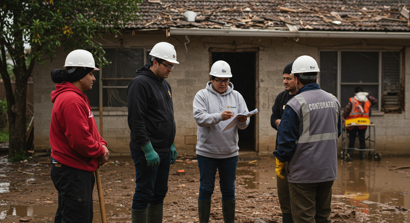 Contractors collaborating with local residents, discussing the cleanup plan in front of a flood-affected home. This image highlights community involvement and support during the recovery process.