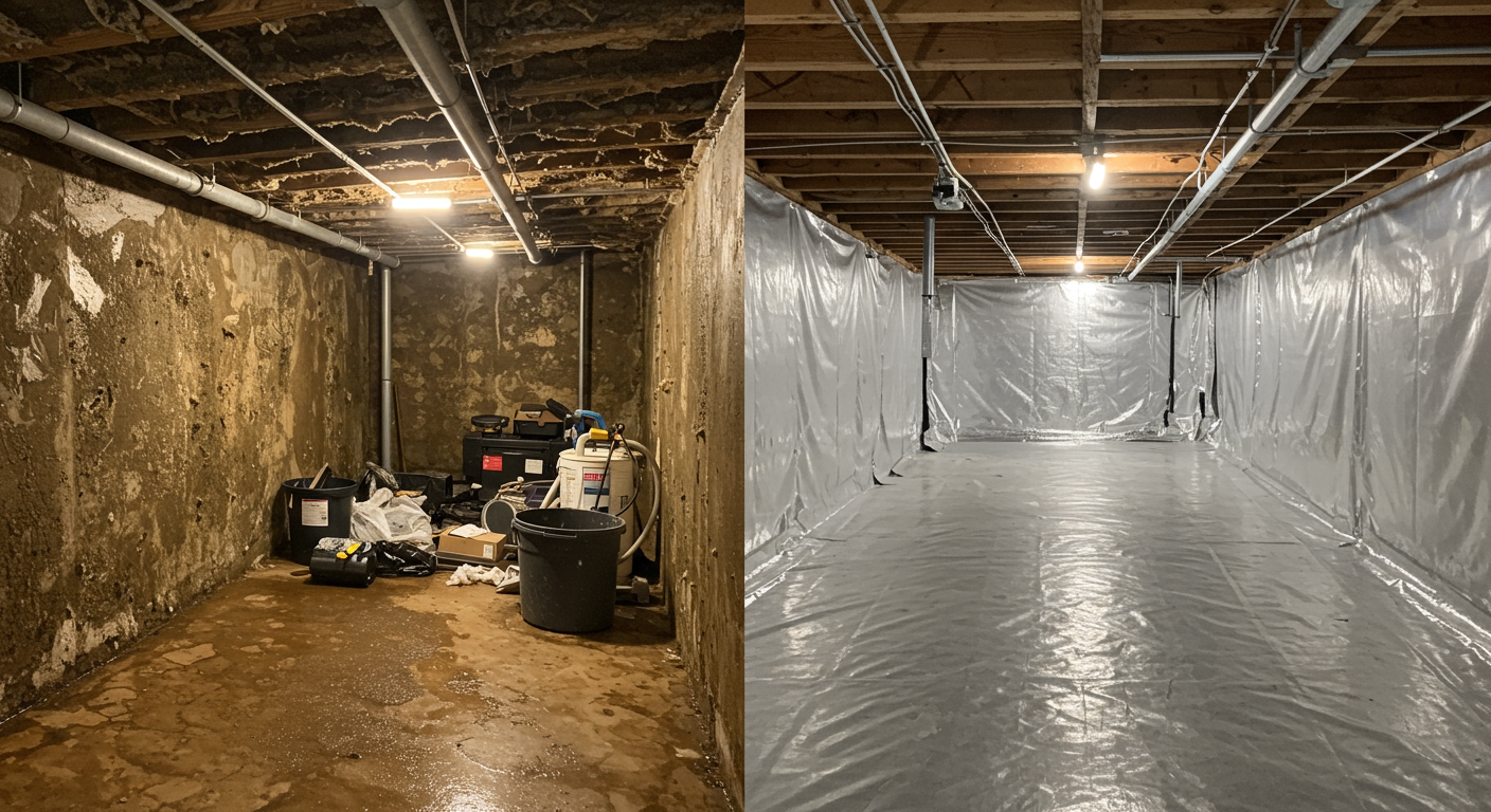 A split image showing a crawl space before encapsulation on the left (damp, cluttered, with visible mold) and after encapsulation on the right (clean, dry, with a bright vapor barrier). This visual contrast highlights the dramatic benefits of encapsulation.