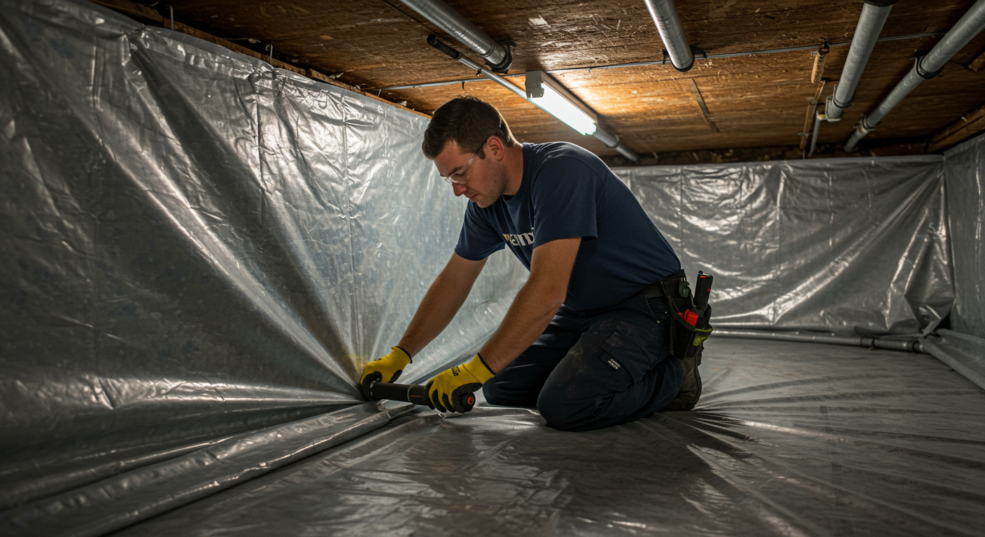 A professional technician in a clean, well-lit crawl space, installing a vapor barrier. The technician is focused and wearing safety gear, showcasing the encapsulation process.