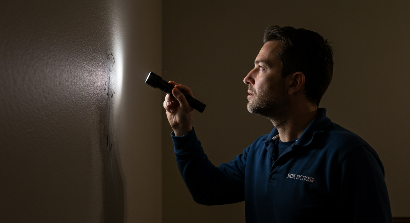 A person inspecting a wall for mold with a flashlight, highlighting the importance of regular inspections.