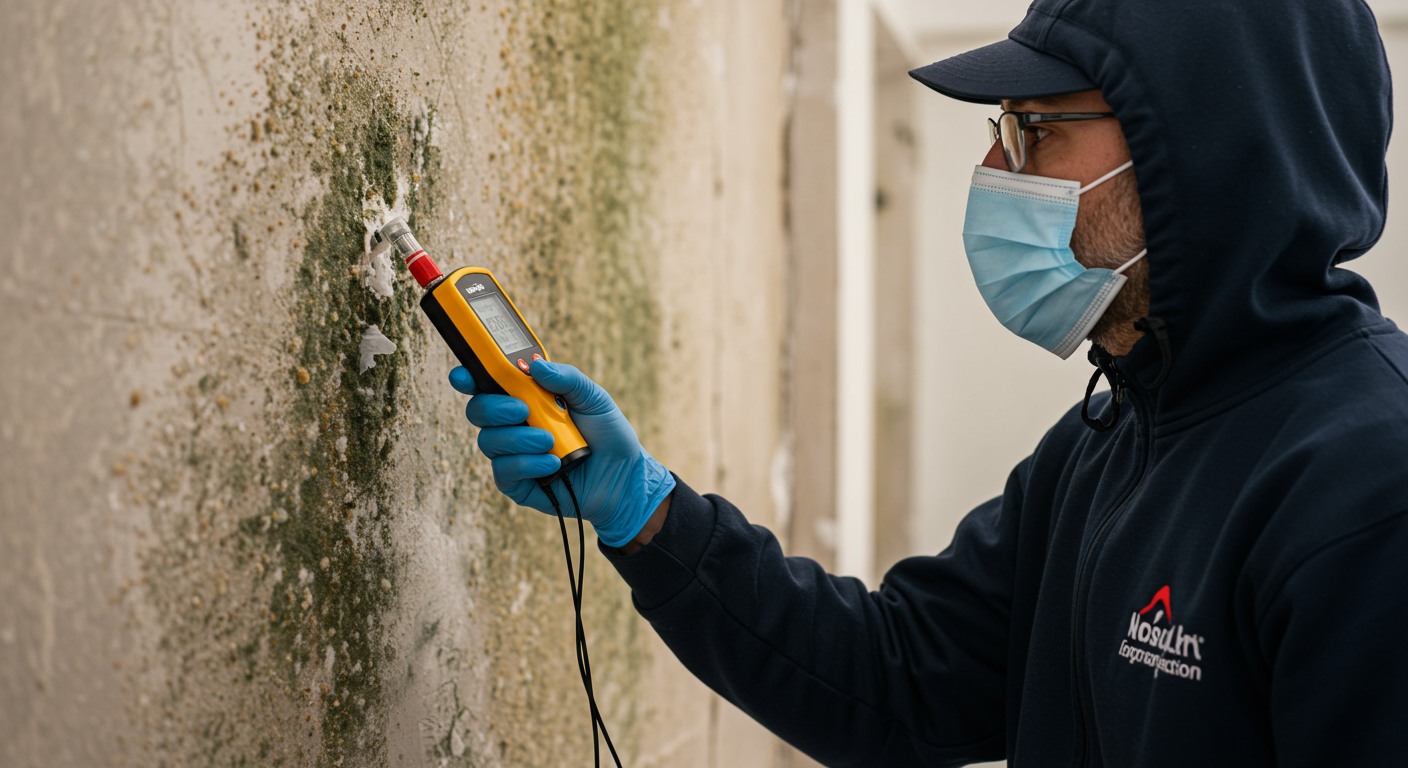 A professional mold inspector examining a wall with a moisture meter, showing signs of mold growth. The inspector is wearing protective gear, and there are visible mold patches on the wall.