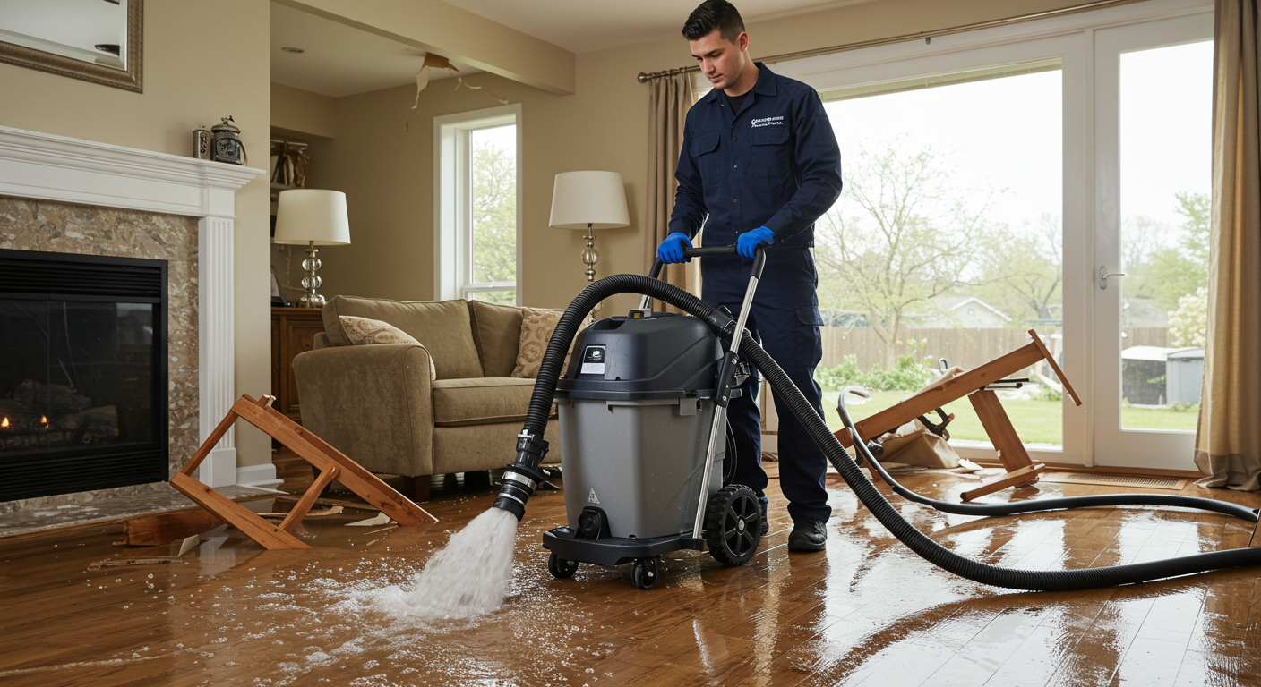 A professional technician using a powerful water extraction machine in a flooded living room, showcasing the restoration process.