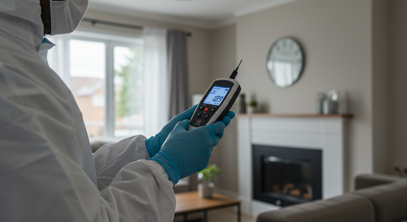 A mold specialist conducting air quality testing in a home, using a digital meter.