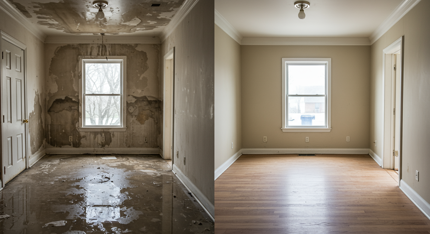 A before-and-after comparison of a water-damaged room, showcasing the restoration process. The left side shows water stains and debris, while the right side displays a clean, restored space.