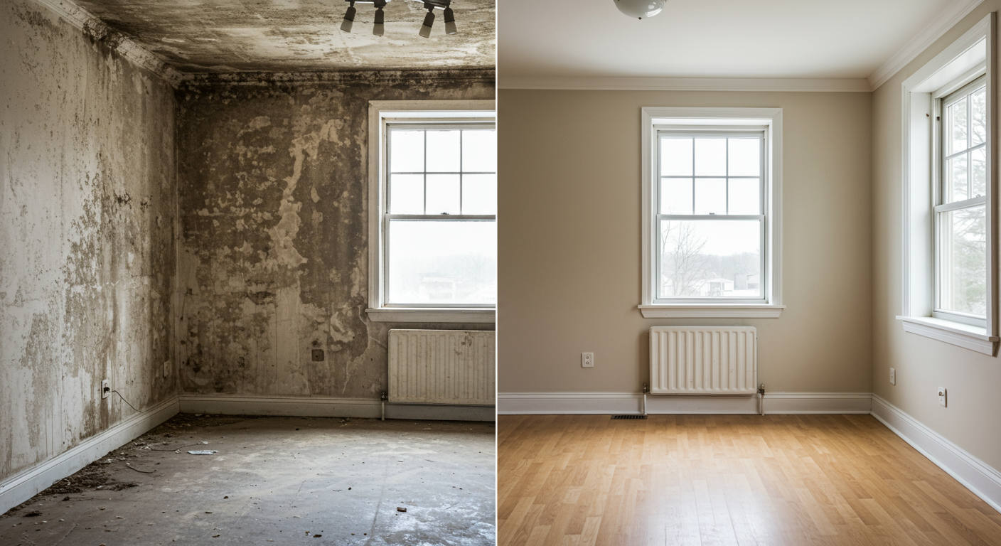 A split image showing a room before and after mold remediation. The left side displays mold-infested walls, while the right side shows a clean, restored environment.