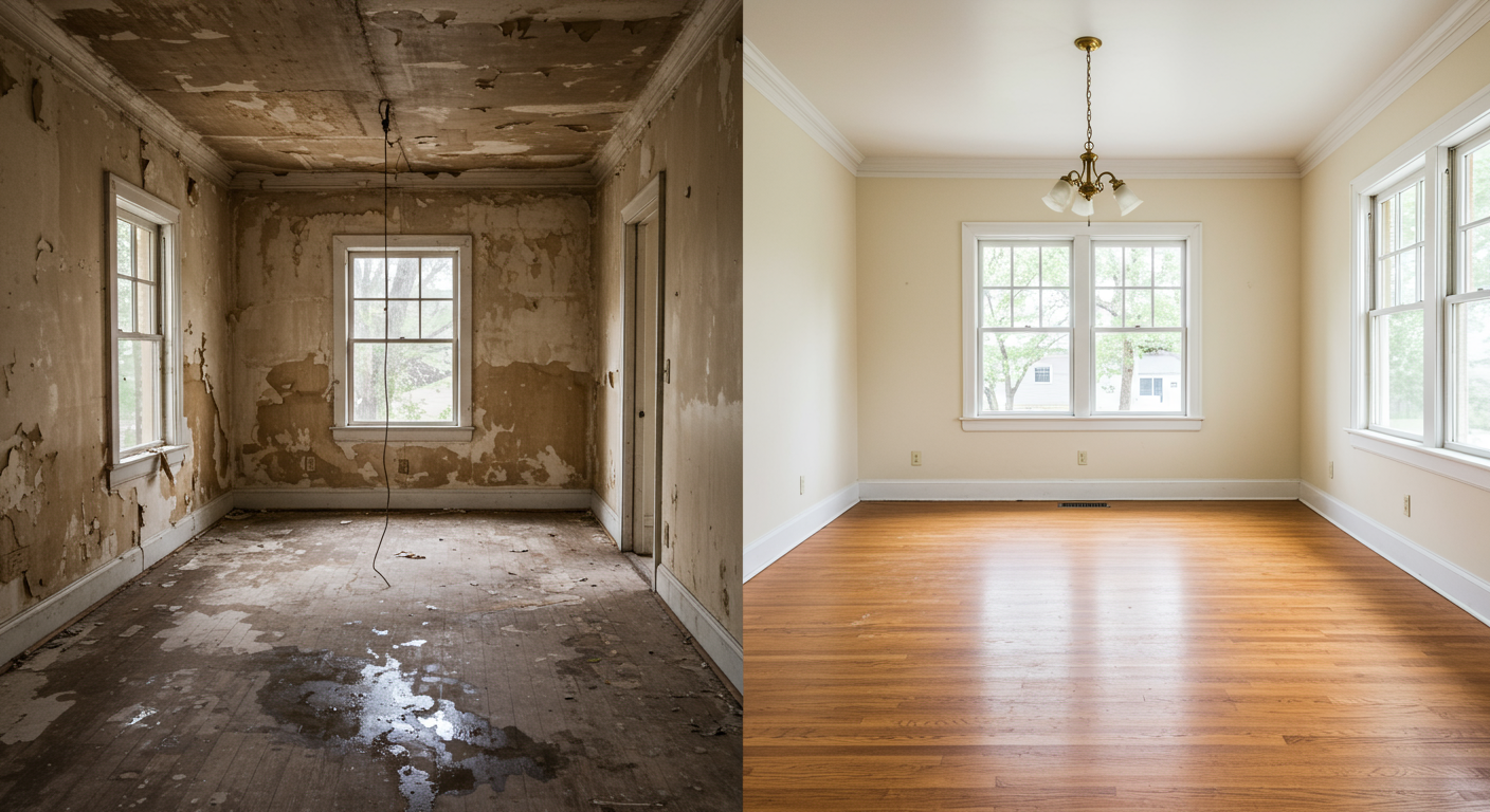 A split image showcasing a room before and after restoration, highlighting the transformation from water damage to a clean, restored space.
