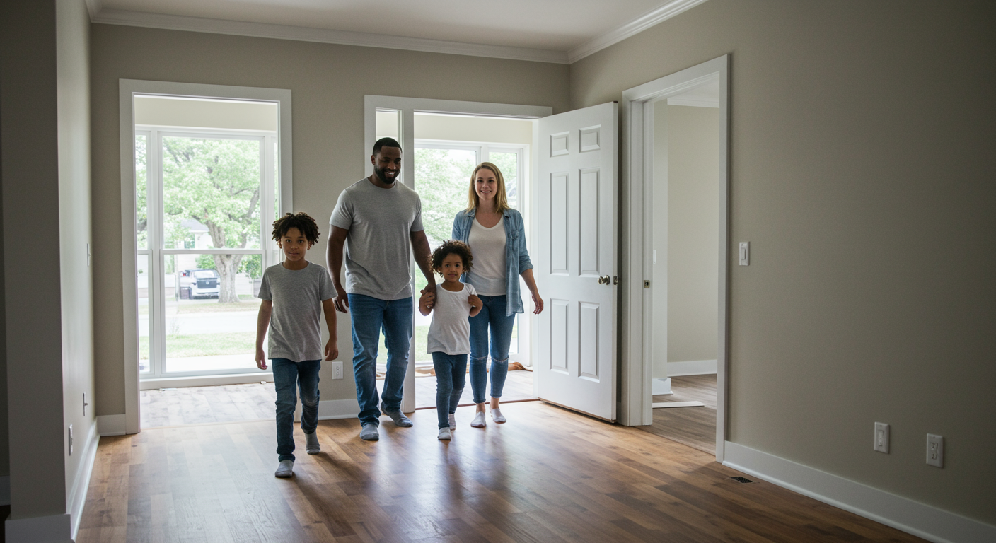 A family happily returning to their restored home, with a focus on their relieved expressions and the clean, mold-free environment.