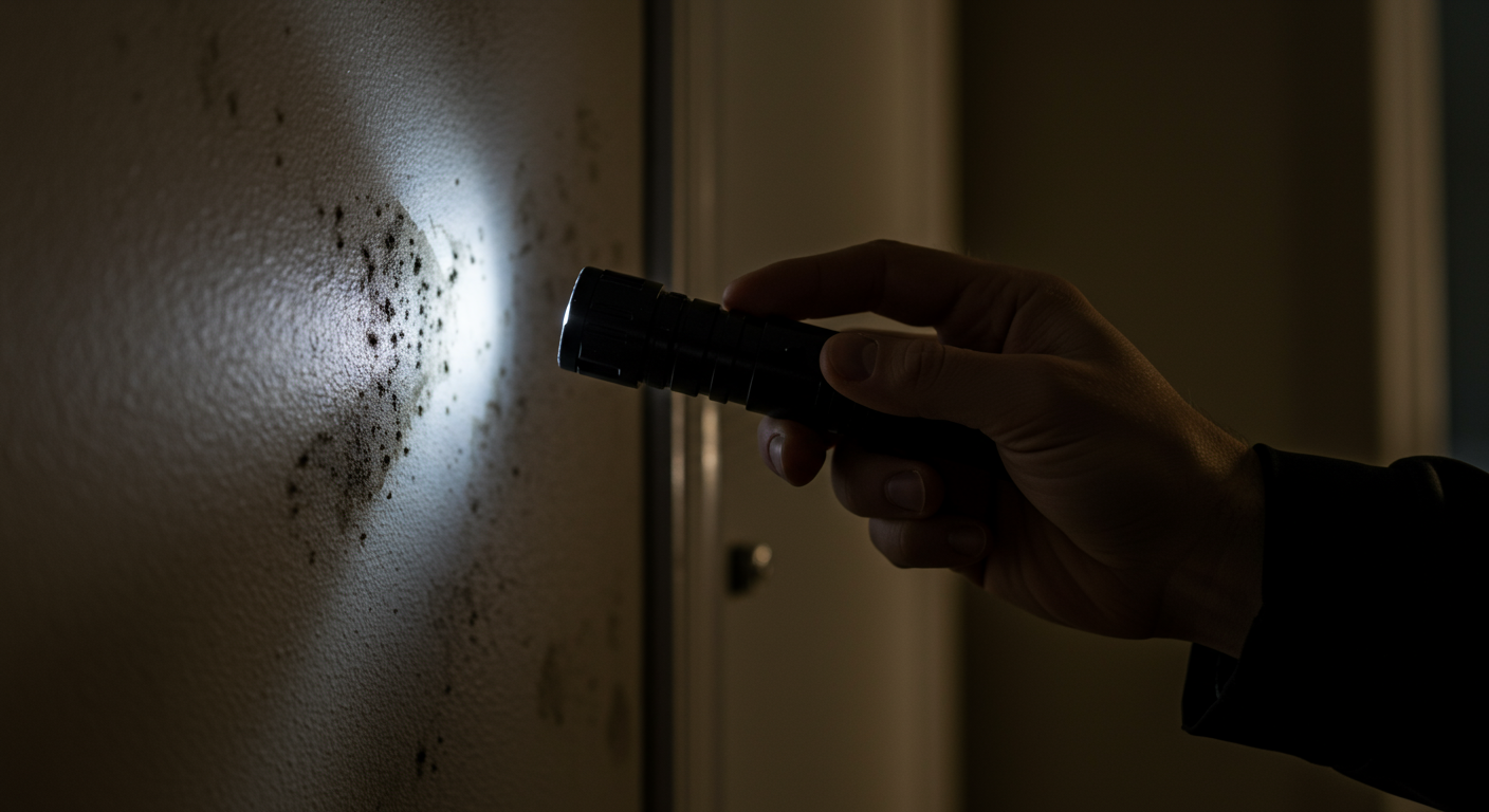 A close-up view of a homeowner inspecting a wall for black mold, using a flashlight to highlight the dark spots. The setting is a dimly lit room with visible signs of moisture on the walls.