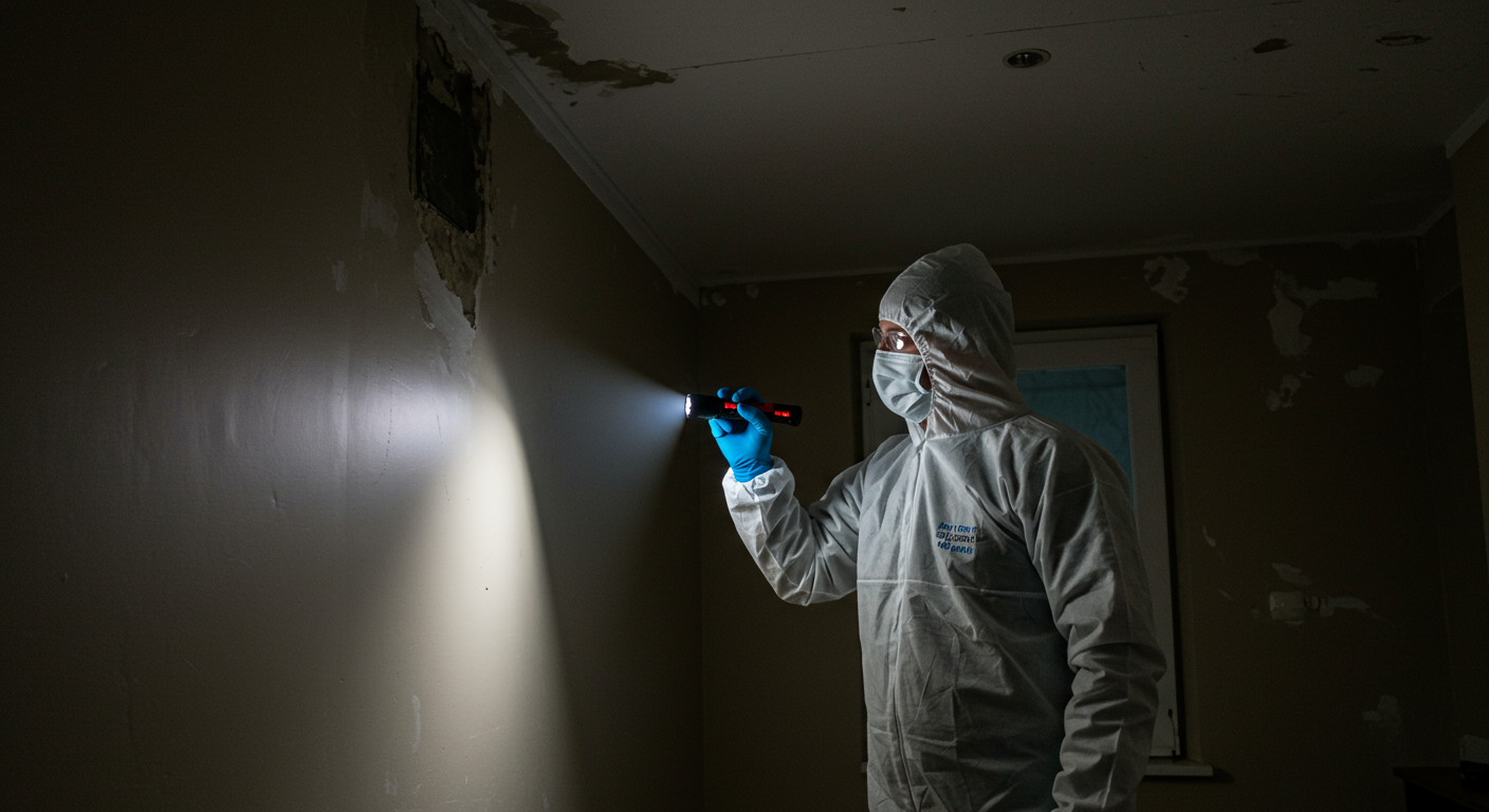 A technician inspecting a residential area for mold, using a flashlight to illuminate dark corners. The setting is a typical home environment, showing potential mold growth areas.