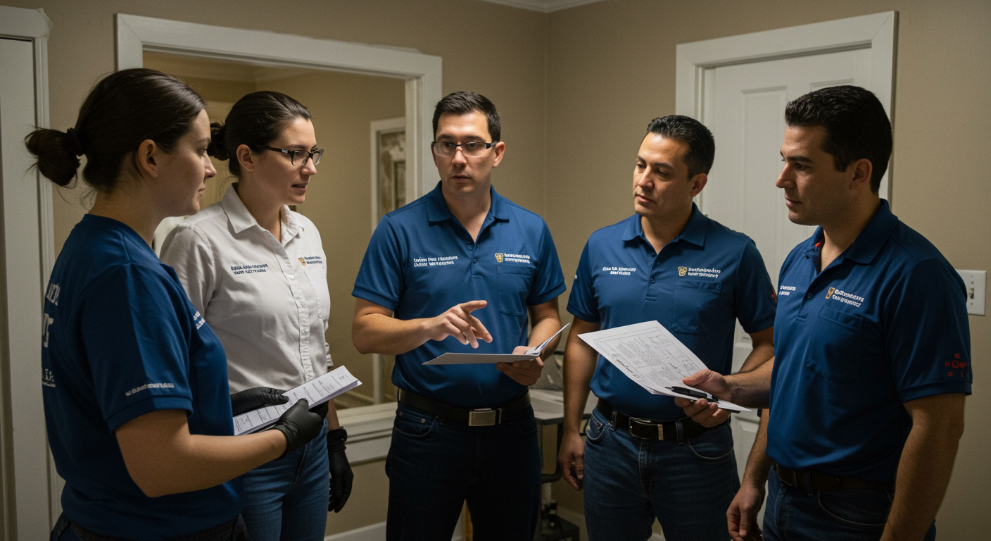 A team of local mold removal experts collaborating in a residential setting, discussing strategies while inspecting a mold-affected area. The focus is on teamwork and local expertise in action.