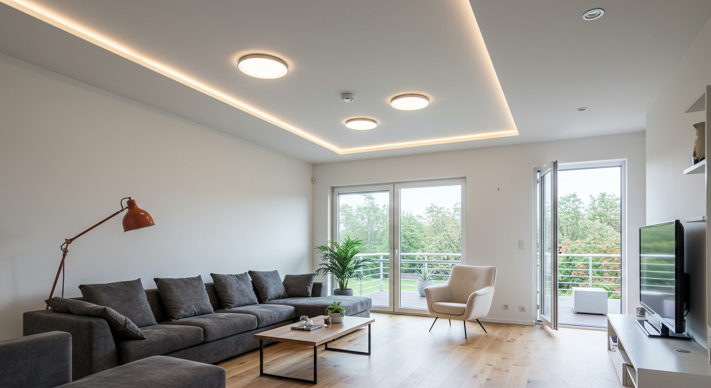 A beautifully designed living room with a sleek, smooth ceiling and modern lighting fixtures.