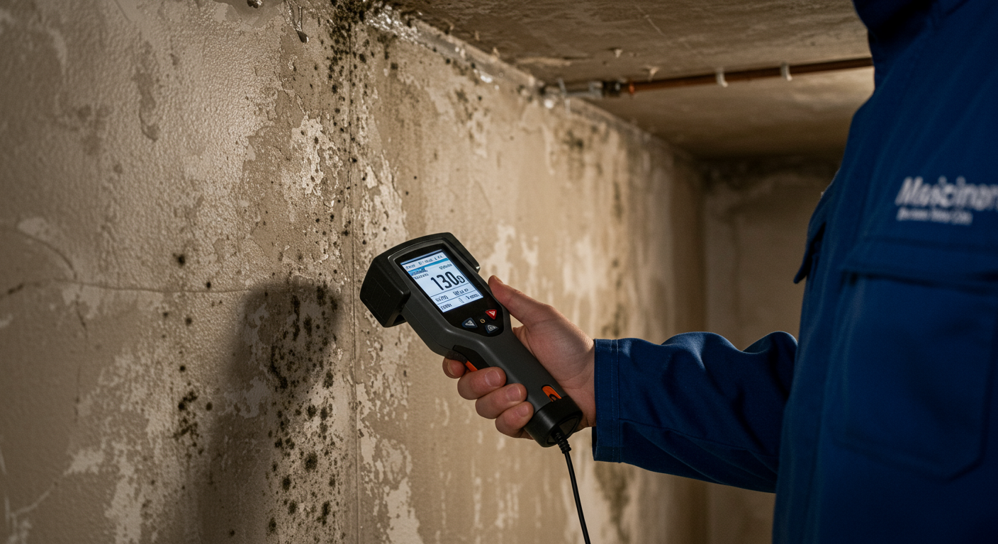 A close-up of a technician inspecting water-damaged walls with moisture detection equipment, showcasing the restoration process.