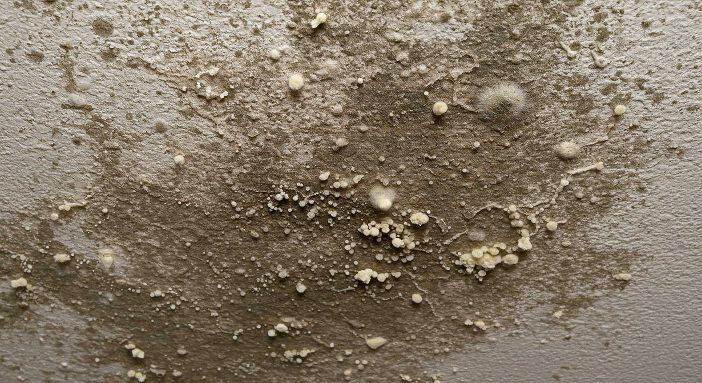 A close-up shot of mold growth on a ceiling, showcasing various colors and textures of mold. The image captures the severity of the issue, emphasizing the need for attention and action.
