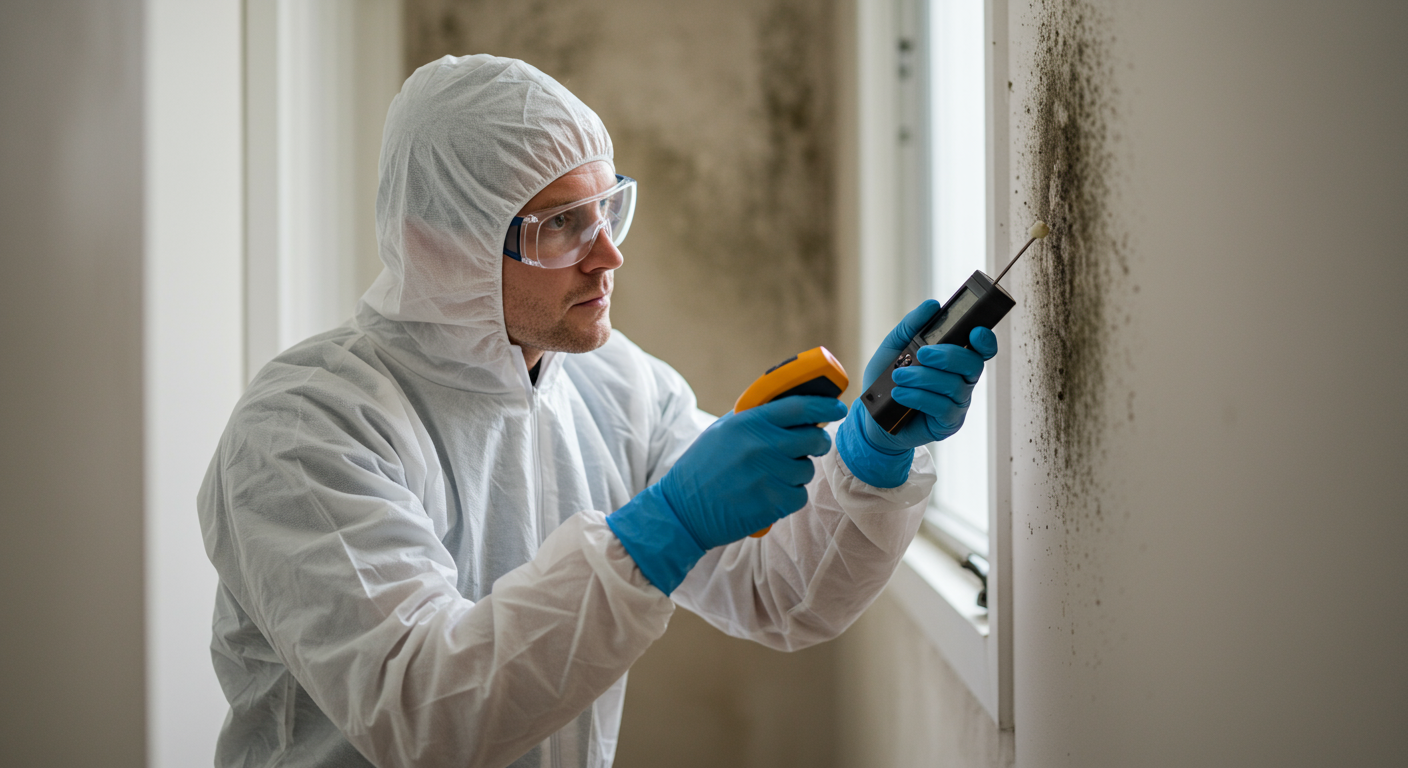 A professional mold inspector in protective gear examining a wall with a moisture meter, showcasing the seriousness of mold testing.