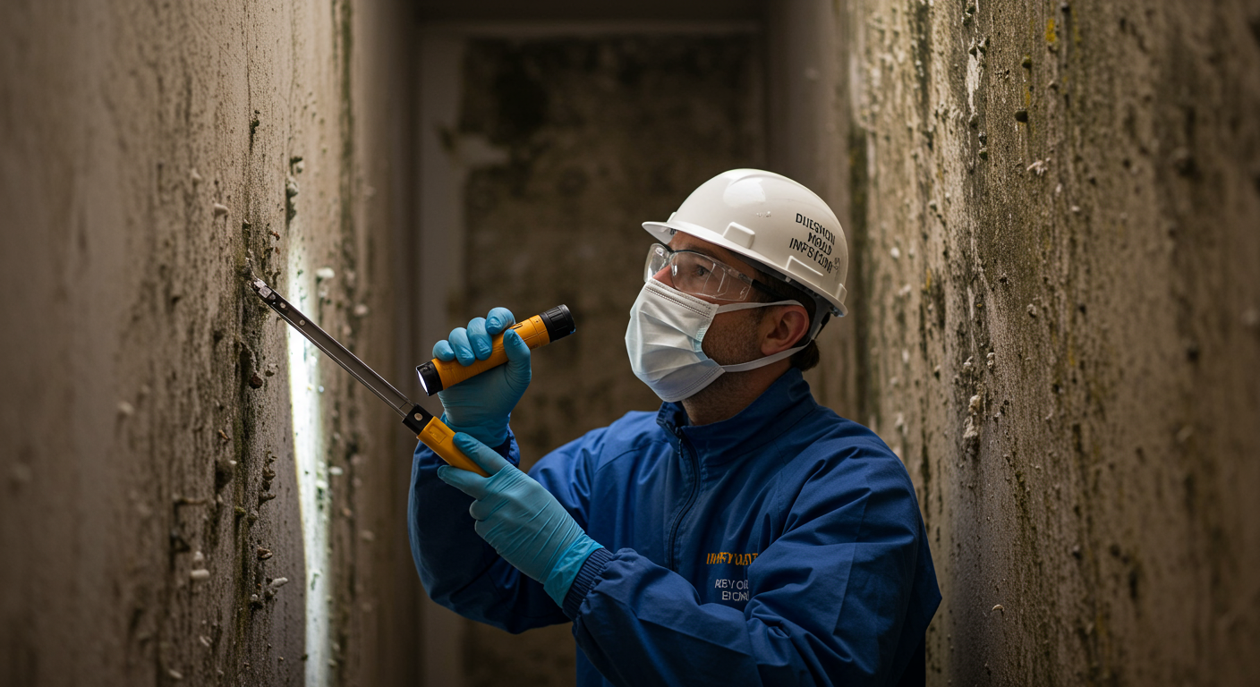A professional mold inspector examining a wall with visible mold growth, using a flashlight and tools. The inspector is dressed in protective gear, emphasizing safety and professionalism.